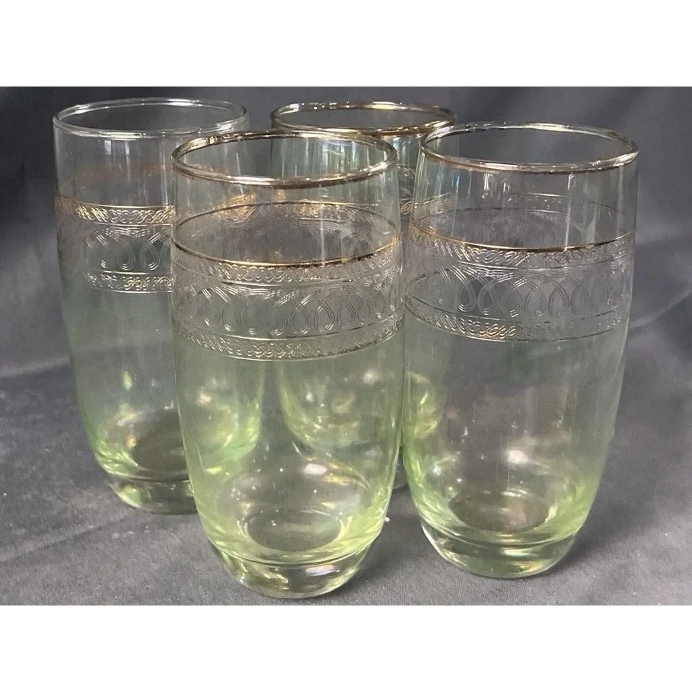 Vintage Mid Century Stretched Glass Gold Rim Highball Tumblers Set of 4